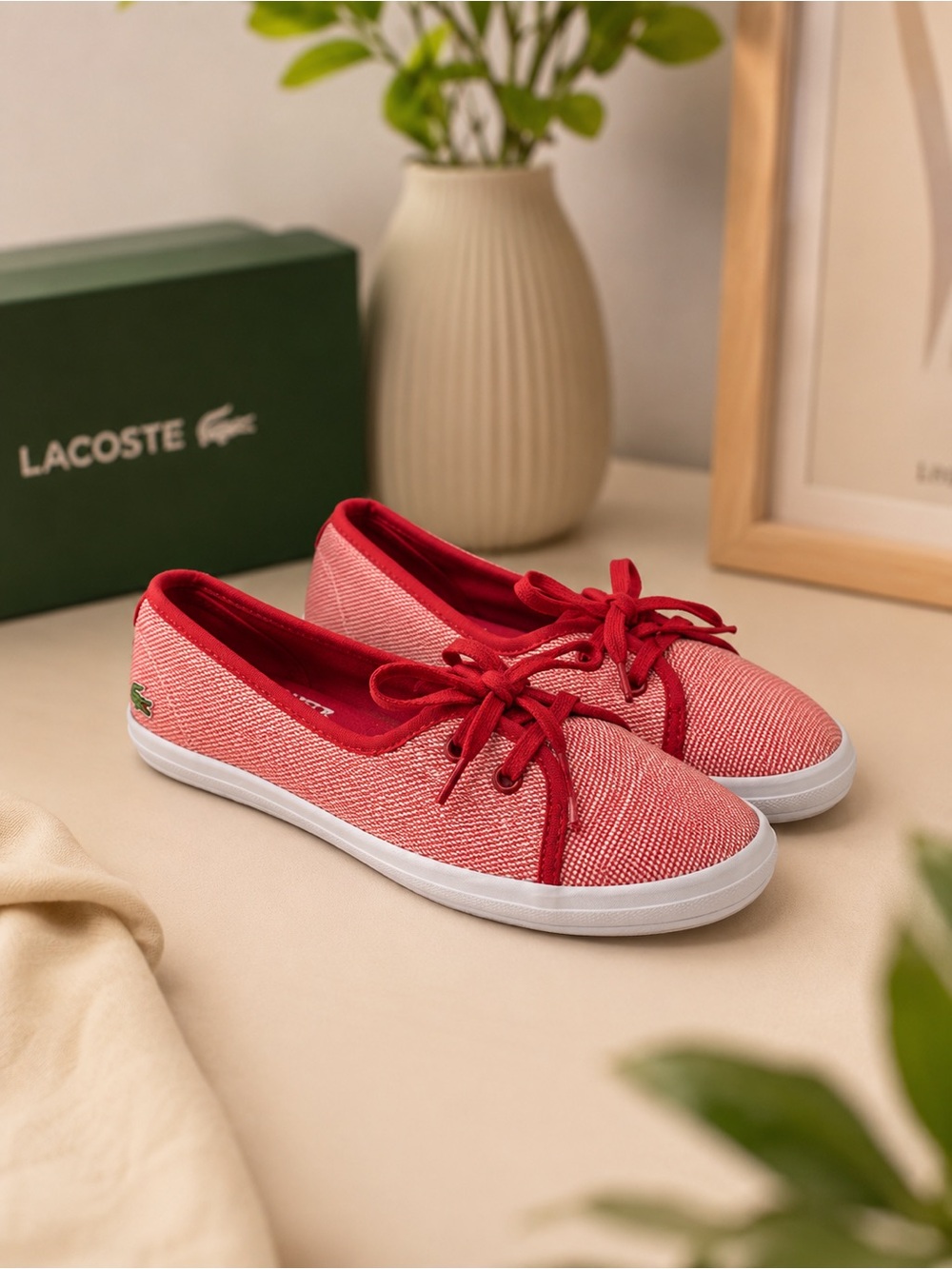 Lacoste Women's Red Canvas Lace-Up Slip-On Sneakers